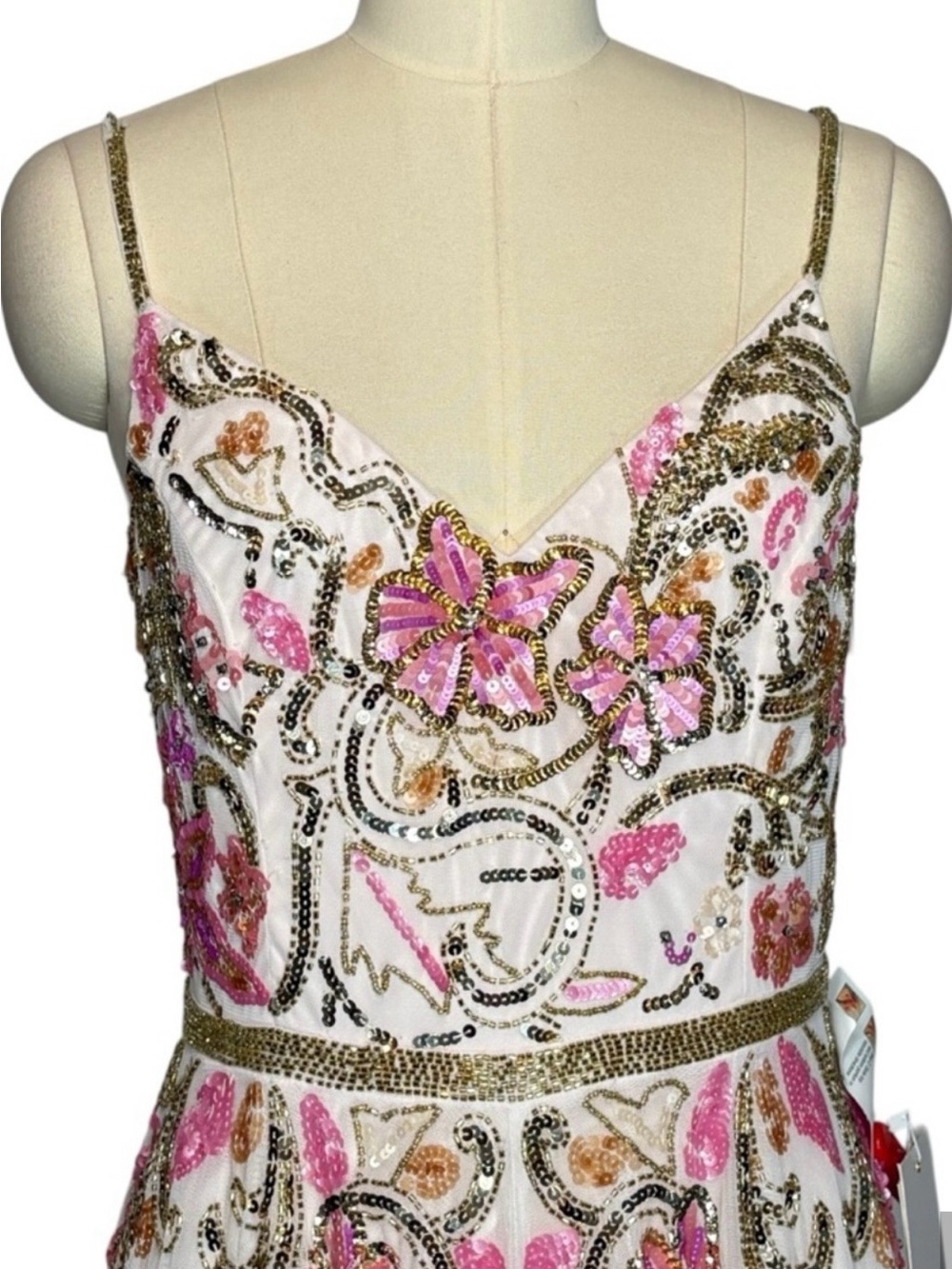 Floral Embroidered Ivory Evening Gown with Pink & Gold Detail - Picture 4 of 13